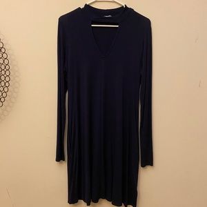 High-collar mock-neck long sleeve navy blue cotton dress